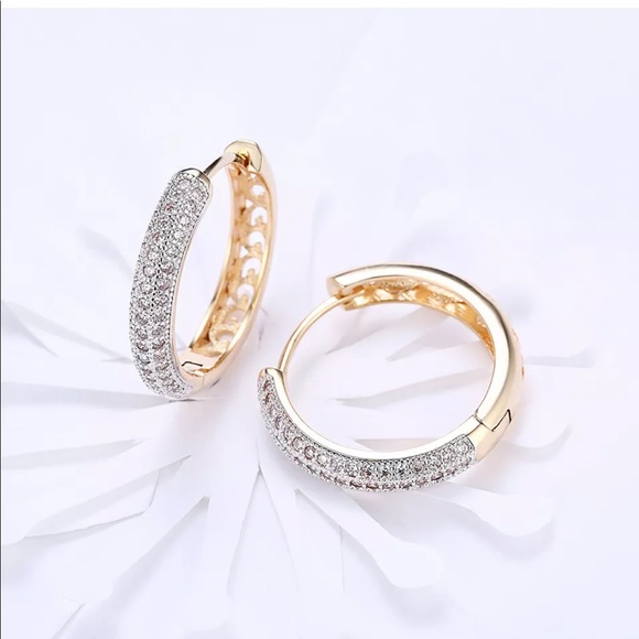 New Yellow Gold Plated Diamond Round Hoop Earrings - Picture 6 of 6